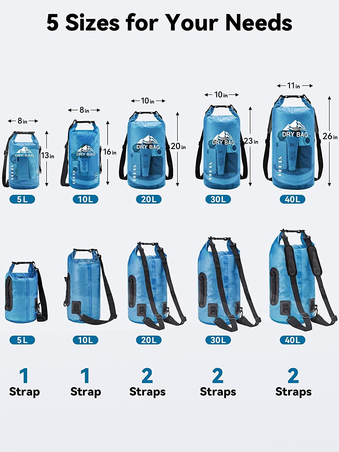Dry Bag Waterproof for Women Men, 5L/10L/20L/30L/40L Roll Top Lightweight Dry Storage Bag Backpack with Phone Case for Travel Swimming Boating Kayaking Paddle Board Camping Beach Accessories