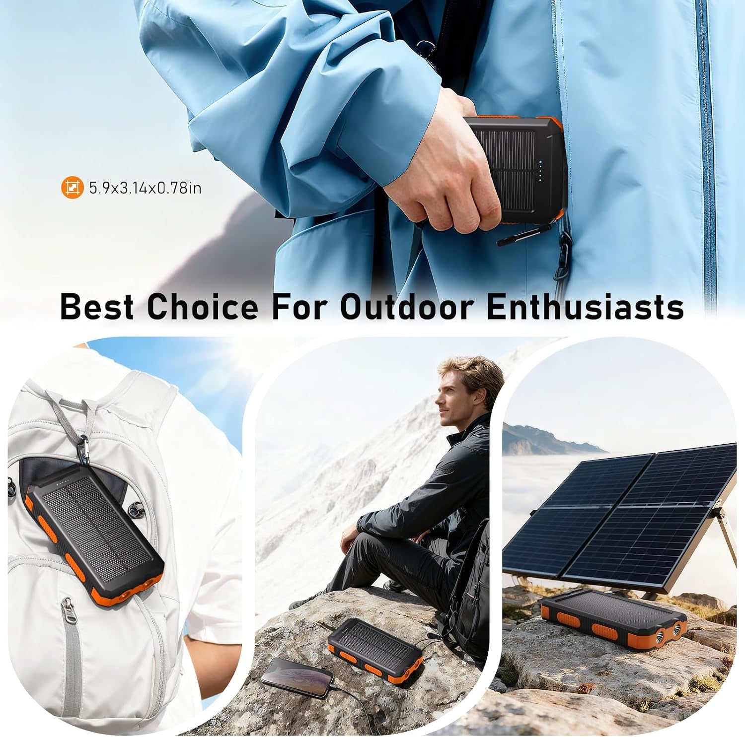 Solar Charger Power Bank 20,000Mah, Portable Charger, 4 Cables 3 Ports Fast Charging External Battery Pack with USB C for Cell Phones, Solar Panel Charger with Dual Flashlight for Camping