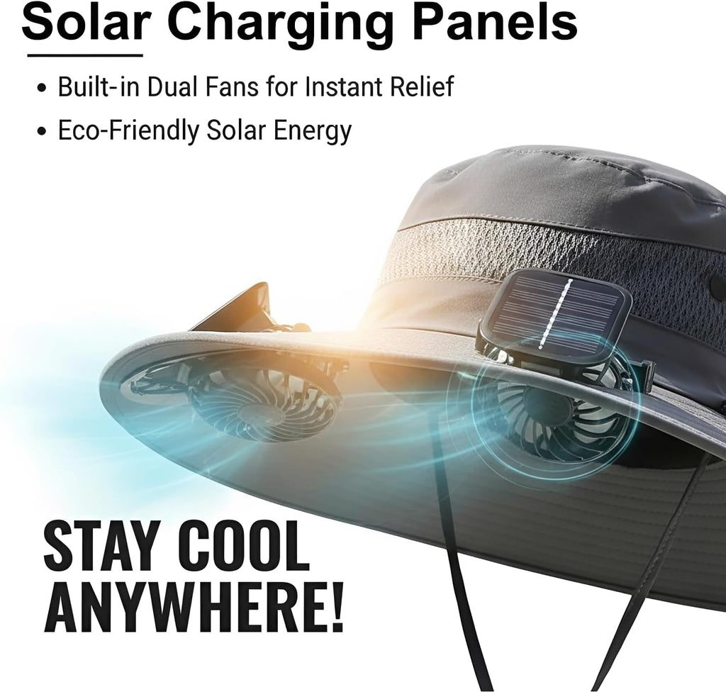 Hat with Fans Solar Power, 2-In-1 UPF 50+ Wide Brim Sun Hat, Fishing Essentials for Camping Hiking Beach Summer Safari