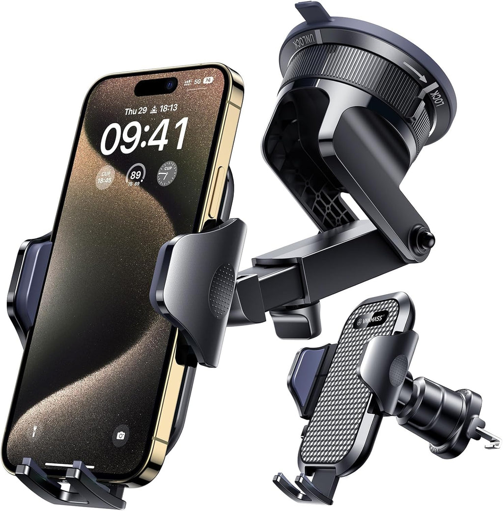 [True Military-Grade] Car Phone Holder  [Upgraded Strongest Suction&Clip] Cell Phone Mount for Dashboard Windshield Vent Kit, Truck Cradle Stand for Iphone 17 Pro Max 16 15 14 Android,Ink Black
