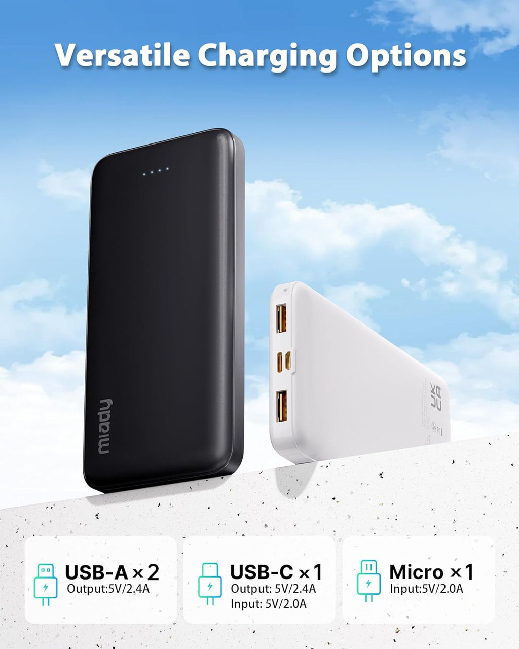 2-Pack 10000Mah Dual USB Portable Charger, Type-C Charging Power Bank, Slim Battery Pack for Iphone 17/16/15/14, Galaxy S24/22, Android Etc