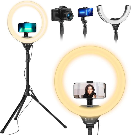 14'' LED Foldable Ring Light with 62'' Tripod Stand, Selfie Ring Light for Video Recording, Live Streaming, Tiktok & Youtube, Compatible with Iphone & Android (Black)