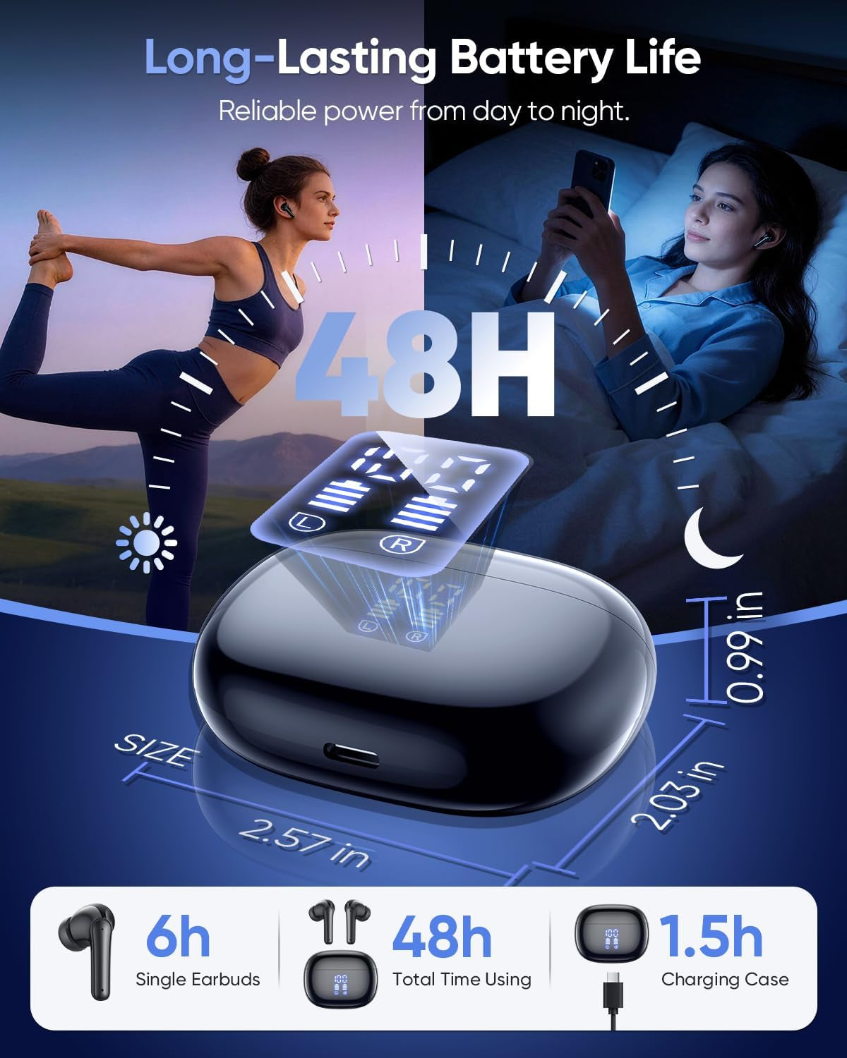 Ear Buds Wireless Earbuds, Bluetooth Headphones 5.4 with 4 ENC Noise Cancelling Mic, 48H Playtime LED Display, IPX7 Waterproof, Deep Bass Stereo Headphones for Sports Workout, Black