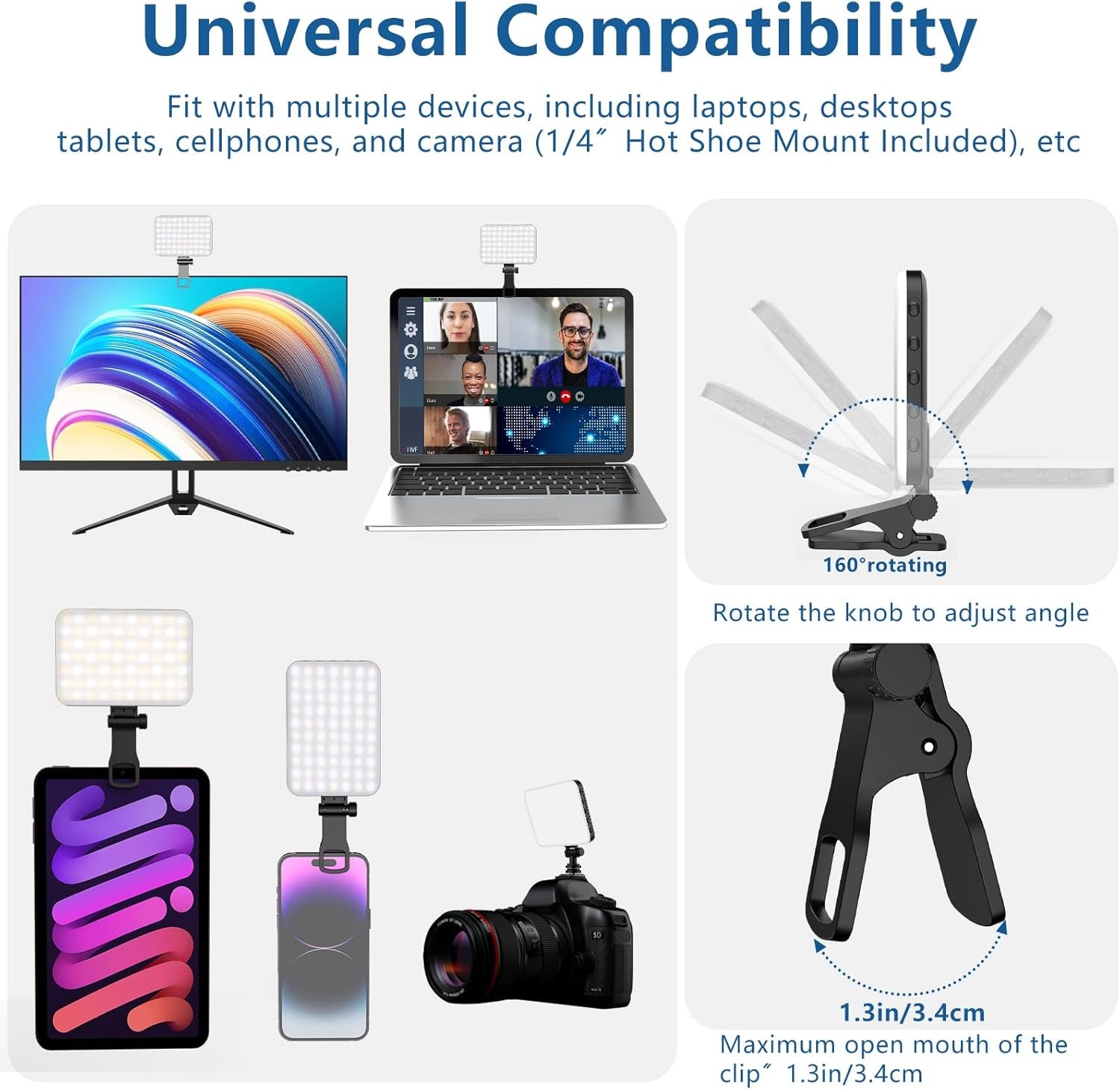 60 LED Portable Selfie Light Video Conference Lighting with Clip & Camera Tripod Adapter Rechargeable 2200Mah CRI 97+, 3 Light Modes for Phone Iphone Webcam Laptop Photo Makeup