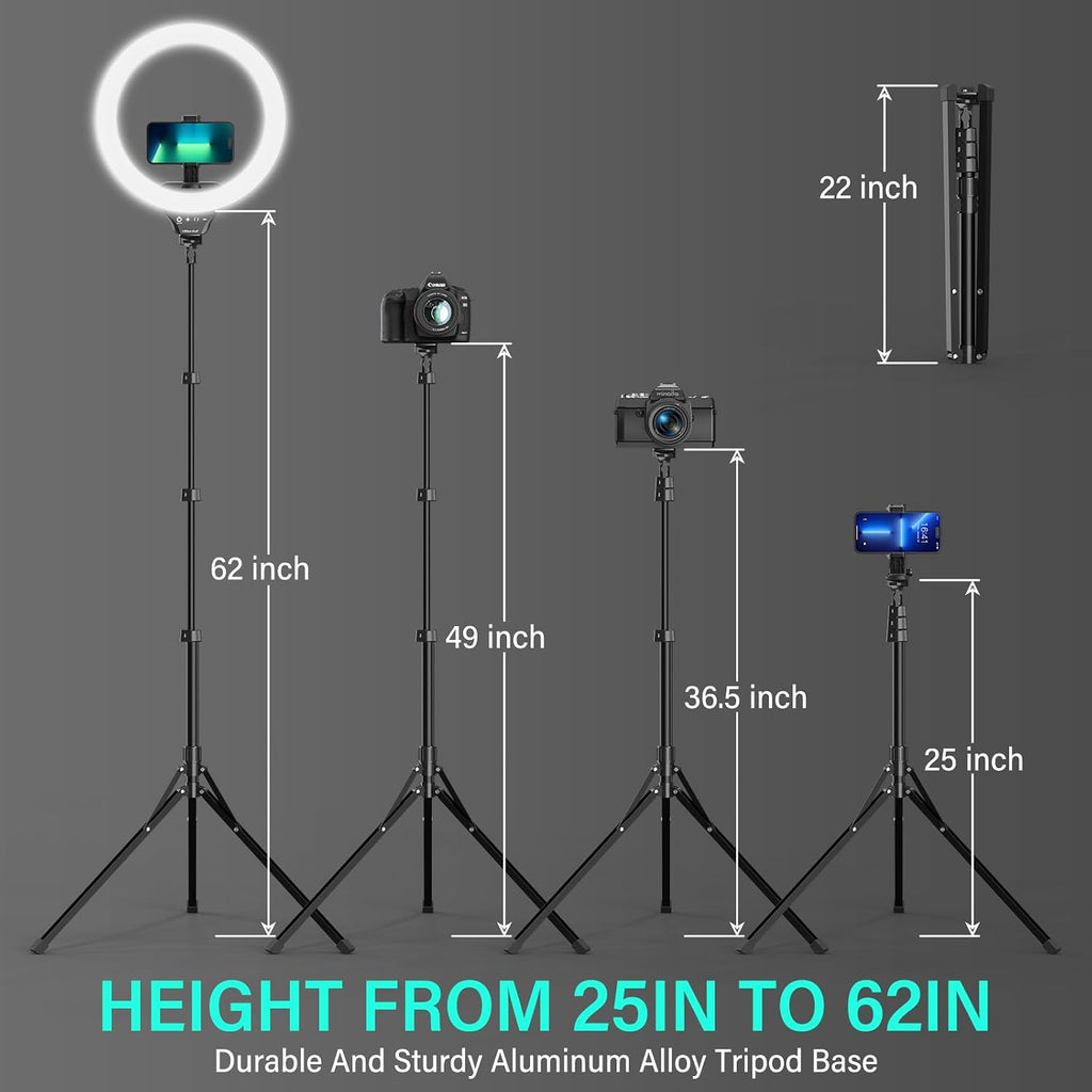 14'' LED Foldable Ring Light with 62'' Tripod Stand, Selfie Ring Light for Video Recording, Live Streaming, Tiktok & Youtube, Compatible with Iphone & Android (Black)