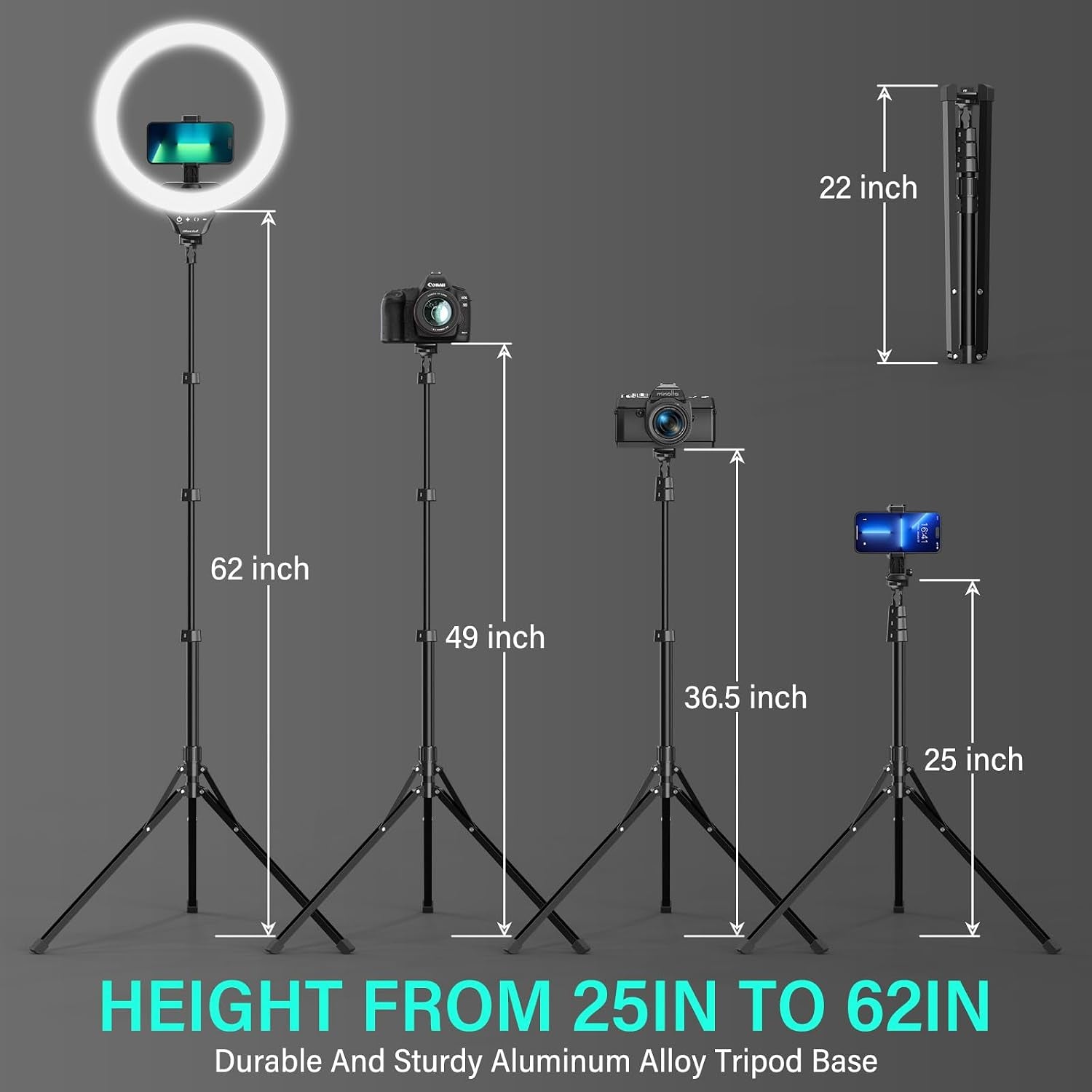 14'' LED Foldable Ring Light with 62'' Tripod Stand, Selfie Ring Light for Video Recording, Live Streaming, Tiktok & Youtube, Compatible with Iphone & Android (Black)