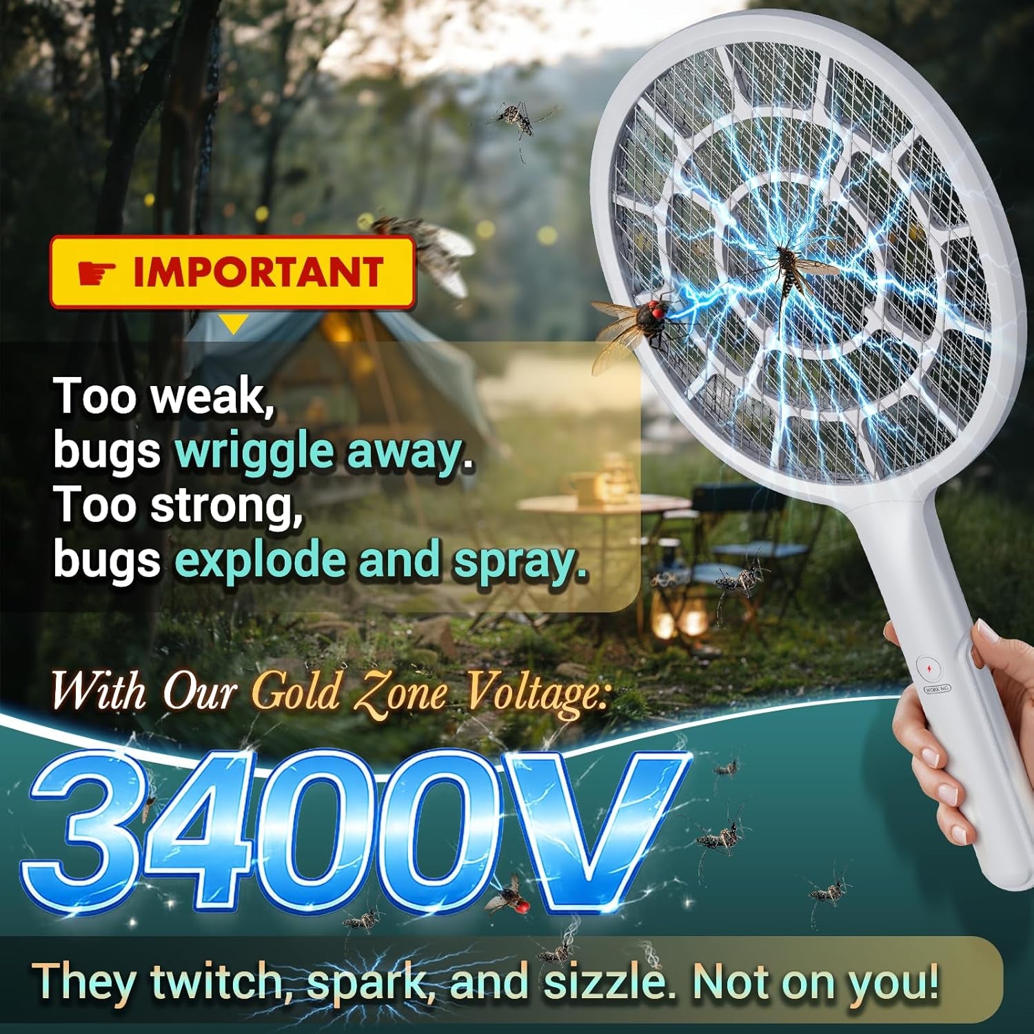 Electric Fly Swatter, Bug Zapper Companion, Mosquito Killer Racket | Gold Zone Voltage, Densest 3Mm Mesh, Apple-Like Weight, AA Battery Operated (Not Incl) - Pro Swat Tips for Indoor & Outdoor