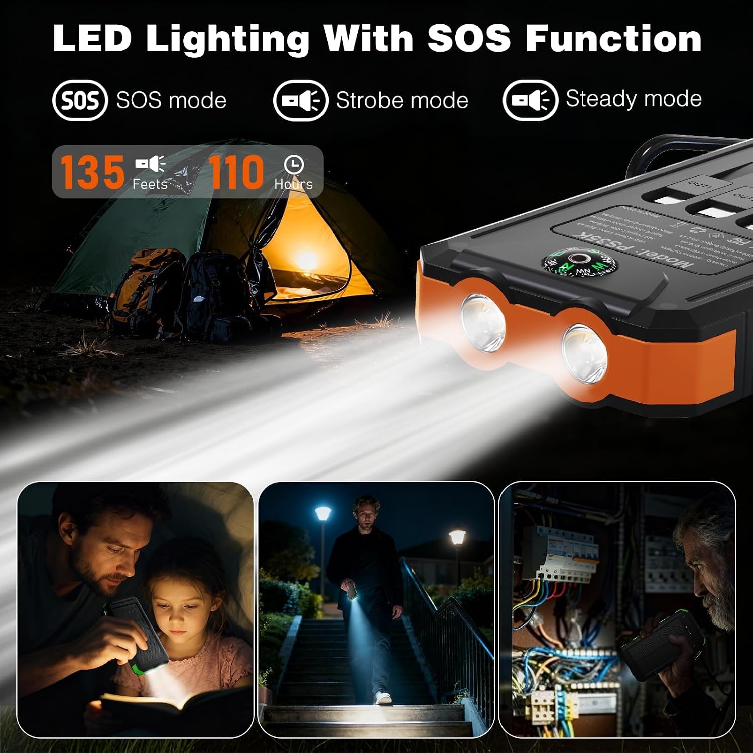 Solar Charger Power Bank 20,000Mah, Portable Charger, 4 Cables 3 Ports Fast Charging External Battery Pack with USB C for Cell Phones, Solar Panel Charger with Dual Flashlight for Camping