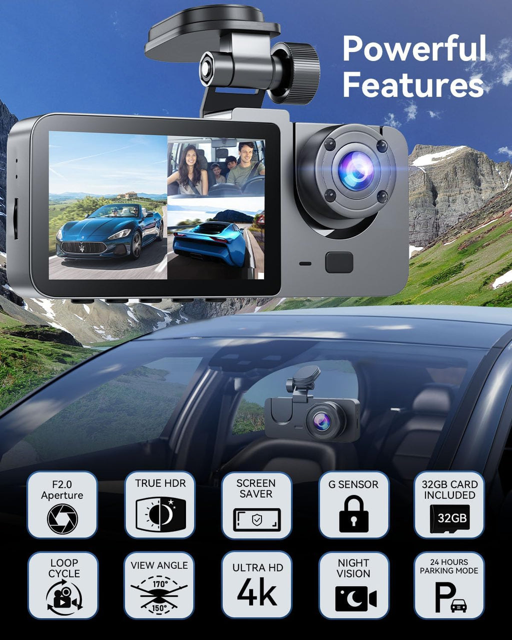 Dash Cam Front and Rear Inside, 3 Channel 4K+1080P Dash Camera for Cars, Free 32GB Card Included, App Control, 2” IPS Screen, G-Sensor, Loop Recording, Night Vision, 170°Wide Angle, Parking Monitor