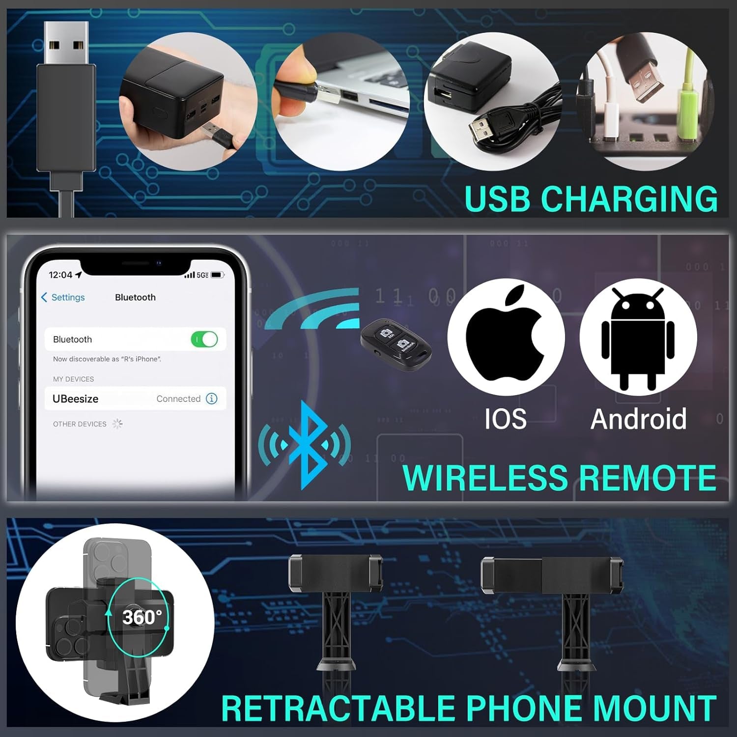 14'' LED Foldable Ring Light with 62'' Tripod Stand, Selfie Ring Light for Video Recording, Live Streaming, Tiktok & Youtube, Compatible with Iphone & Android (Black)