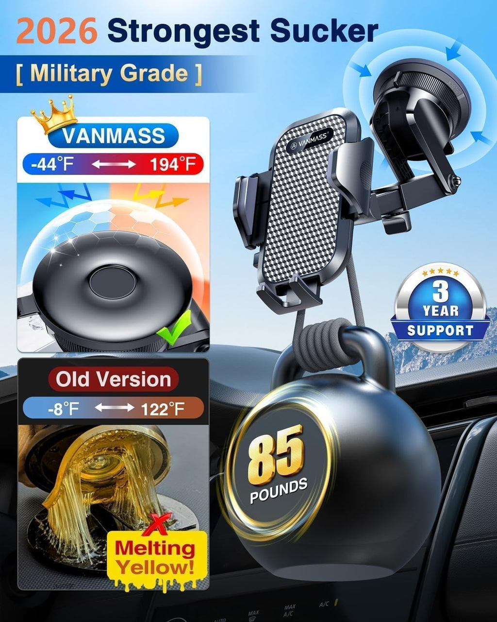 [True Military-Grade] Car Phone Holder  [Upgraded Strongest Suction&Clip] Cell Phone Mount for Dashboard Windshield Vent Kit, Truck Cradle Stand for Iphone 17 Pro Max 16 15 14 Android,Ink Black