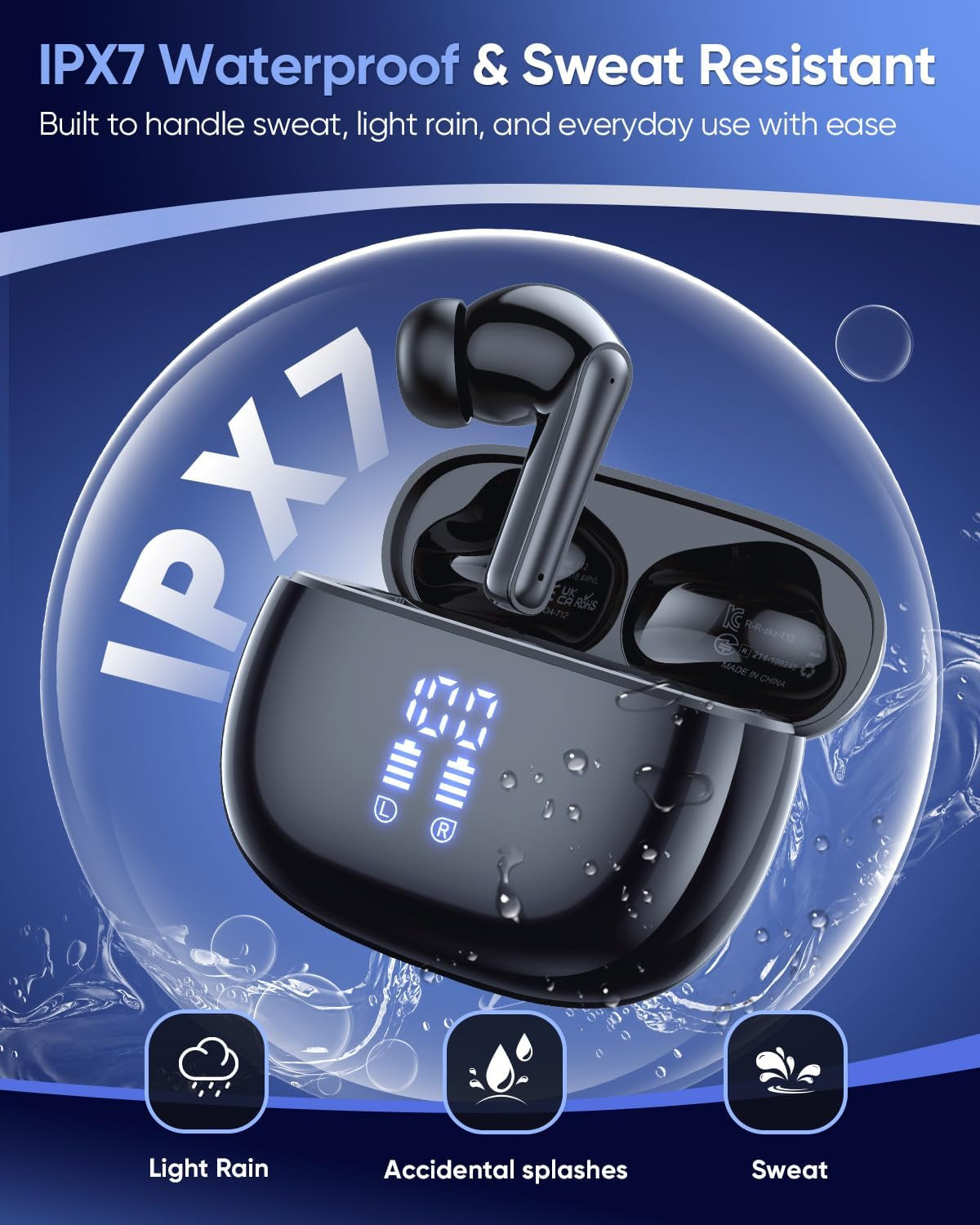 Ear Buds Wireless Earbuds, Bluetooth Headphones 5.4 with 4 ENC Noise Cancelling Mic, 48H Playtime LED Display, IPX7 Waterproof, Deep Bass Stereo Headphones for Sports Workout, Black