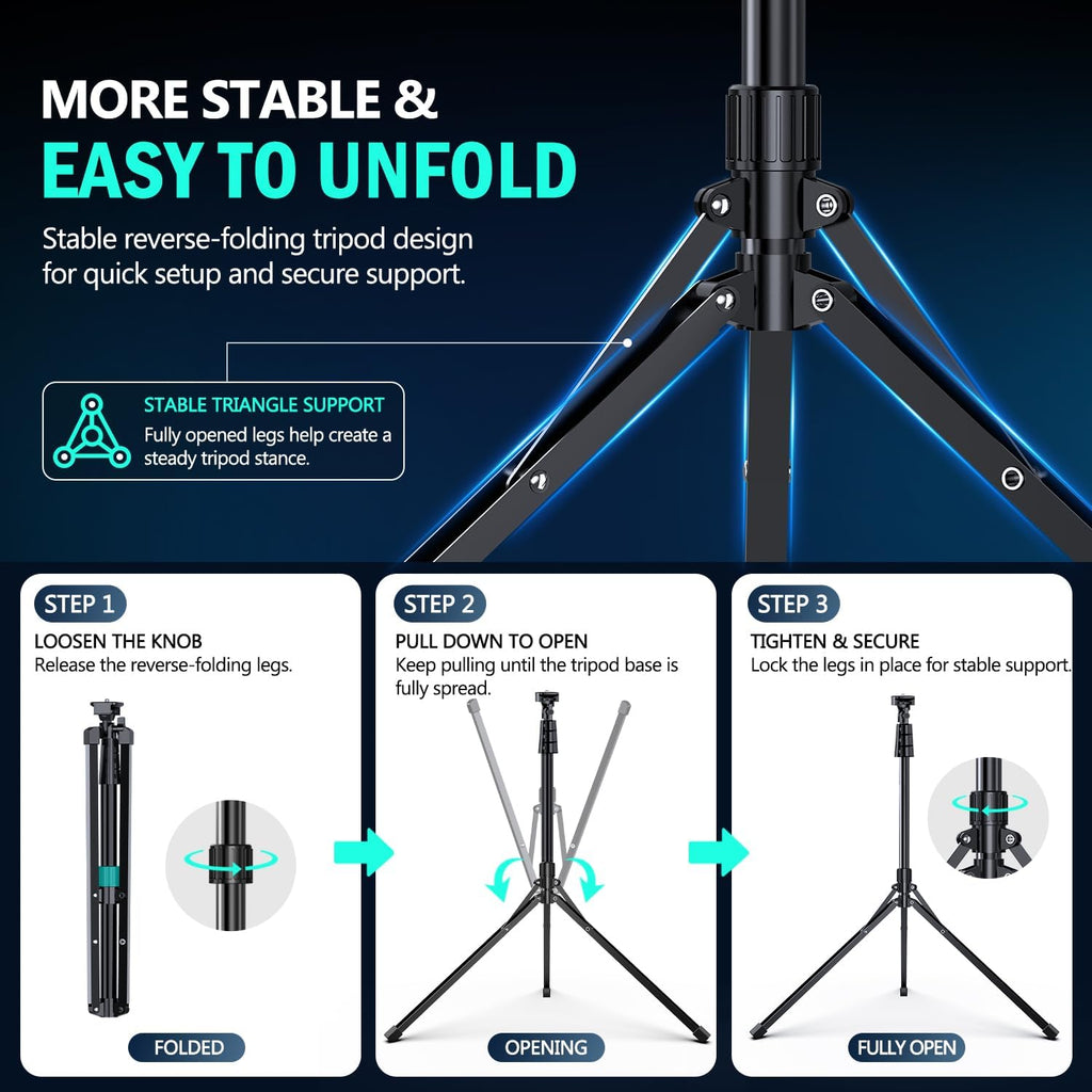 14'' LED Foldable Ring Light with 62'' Tripod Stand, Selfie Ring Light for Video Recording, Live Streaming, Tiktok & Youtube, Compatible with Iphone & Android (Black)