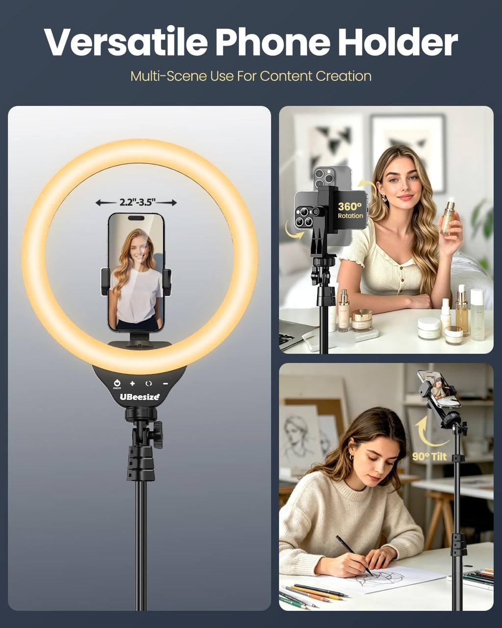 12'' LED Ring Light with 62'' Tripod Stand, Selfie Ring Light for Video Recording, Live Streaming, Tiktok & Youtube, Compatible with Iphone & Android (Black)