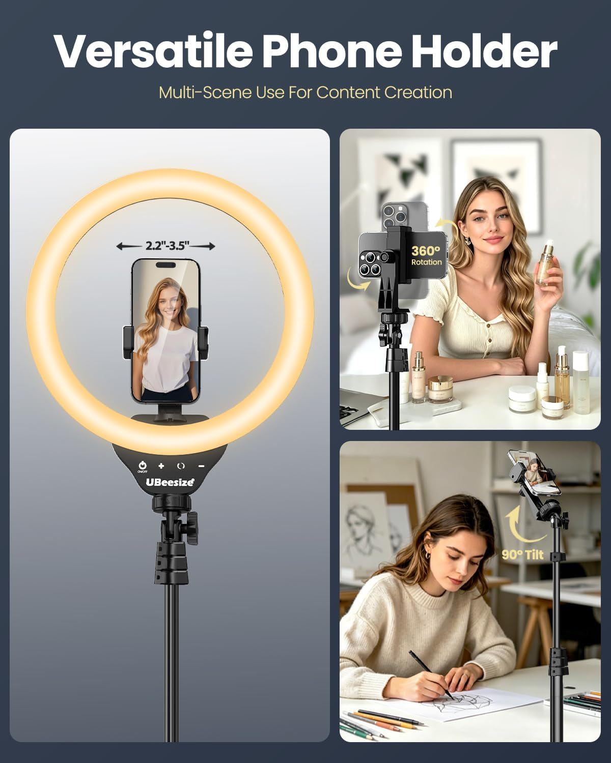 12'' LED Ring Light with 62'' Tripod Stand, Selfie Ring Light for Video Recording, Live Streaming, Tiktok & Youtube, Compatible with Iphone & Android (Black)