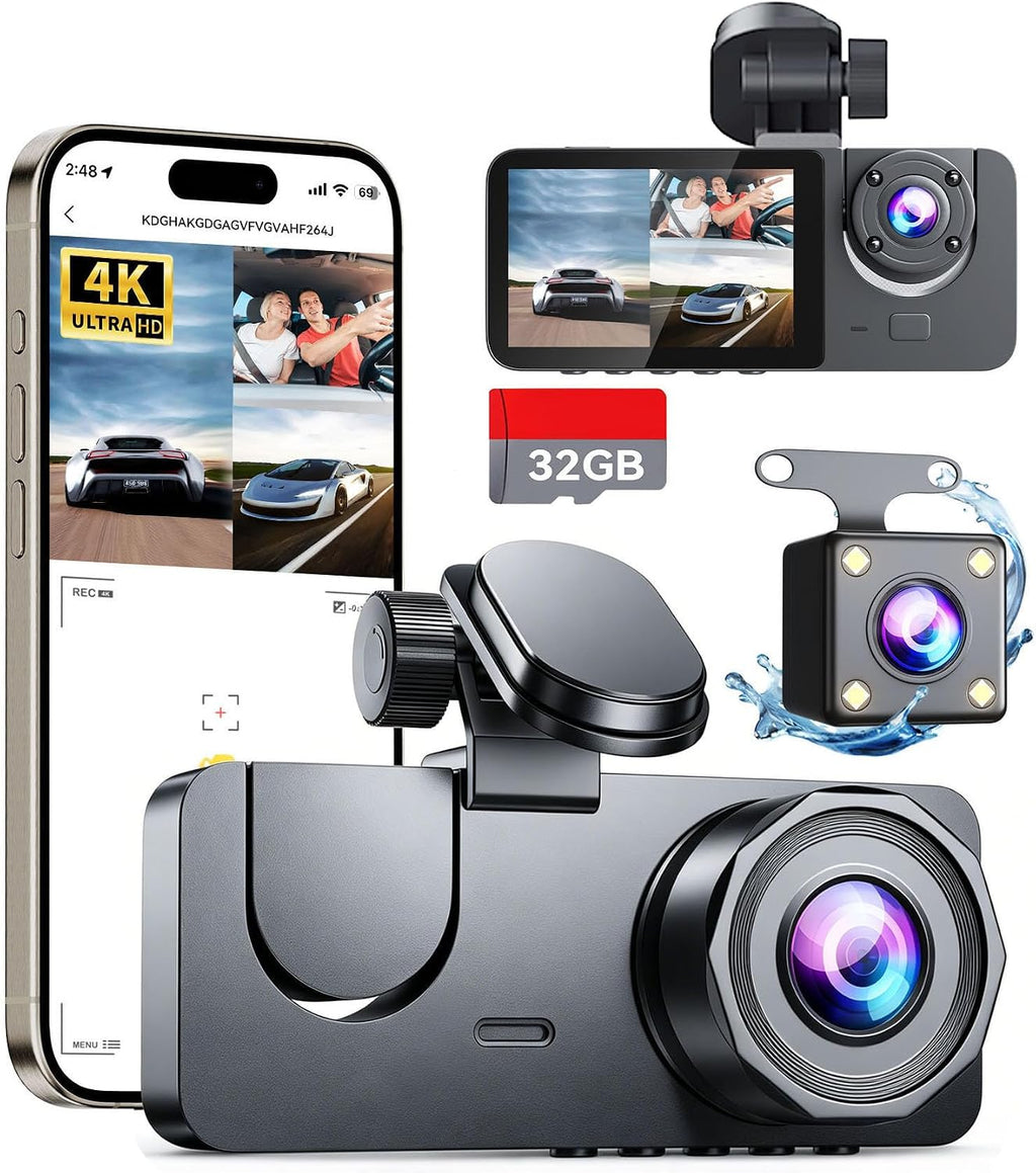 Dash Cam Front and Rear Inside, 3 Channel 4K+1080P Dash Camera for Cars, Free 32GB Card Included, App Control, 2” IPS Screen, G-Sensor, Loop Recording, Night Vision, 170°Wide Angle, Parking Monitor