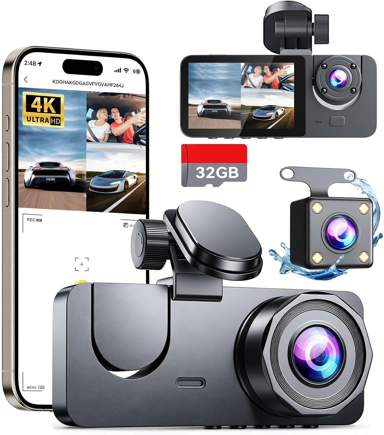 Dash Cam Front and Rear Inside, 3 Channel 4K+1080P Dash Camera for Cars, Free 32GB Card Included, App Control, 2” IPS Screen, G-Sensor, Loop Recording, Night Vision, 170°Wide Angle, Parking Monitor