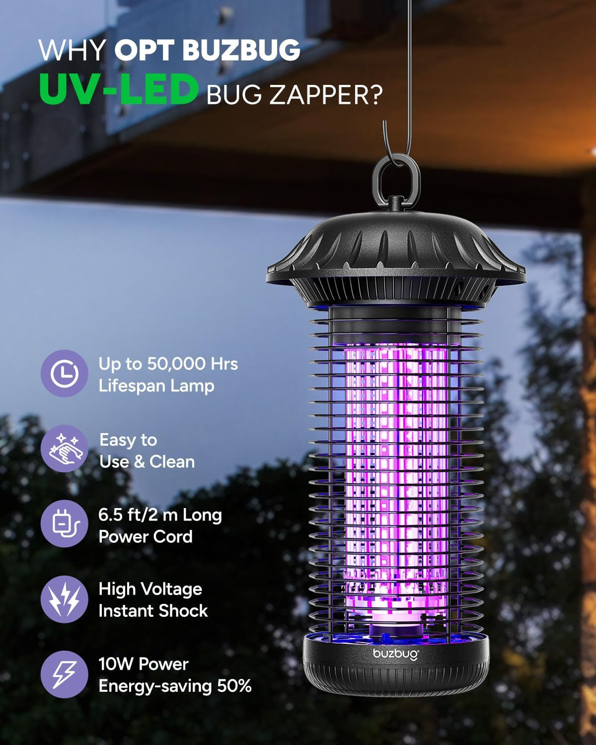 LED Bug Zapper Indoor Outdoor, up to 50000 Hrs Lifespan Lamp, Energy Saving & Dual Band Attraction, 5.6 Ft Power Cord, High Voltage Mosquito Fly Zapper Trap Killer -MO008C
