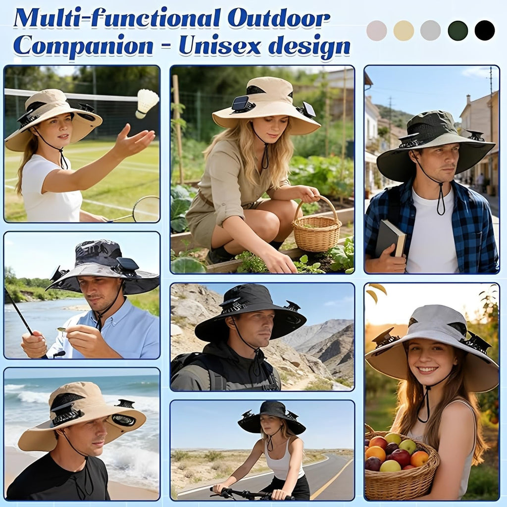 Hat with Fans Solar Power, 2-In-1 UPF 50+ Wide Brim Sun Hat, Fishing Essentials for Camping Hiking Beach Summer Safari