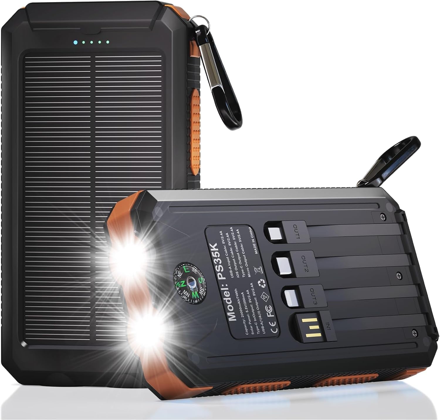 Solar Charger Power Bank 20,000Mah, Portable Charger, 4 Cables 3 Ports Fast Charging External Battery Pack with USB C for Cell Phones, Solar Panel Charger with Dual Flashlight for Camping