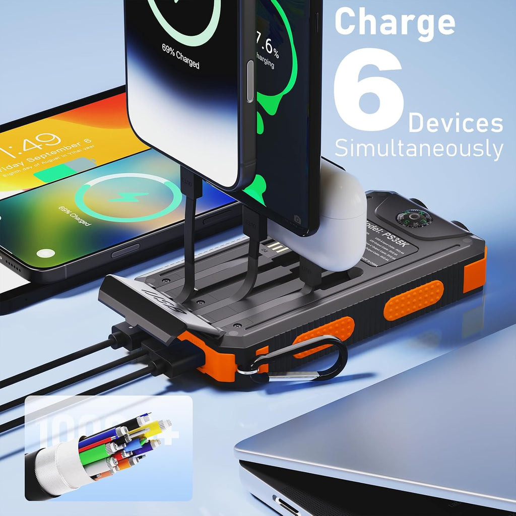Solar Charger Power Bank 20,000Mah, Portable Charger, 4 Cables 3 Ports Fast Charging External Battery Pack with USB C for Cell Phones, Solar Panel Charger with Dual Flashlight for Camping
