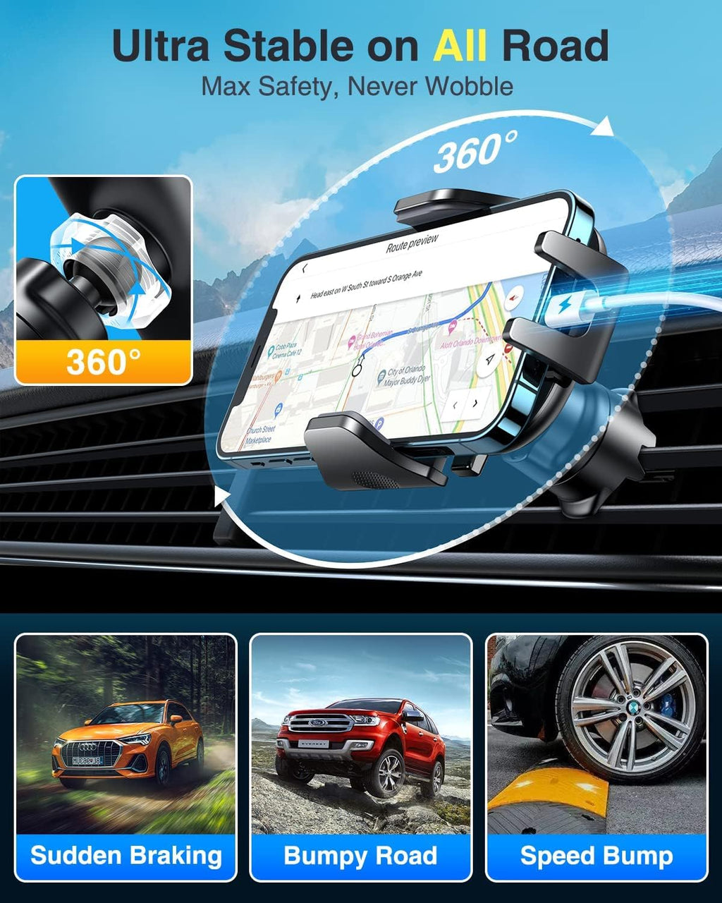 [True Military-Grade] Car Phone Holder  [Upgraded Strongest Suction&Clip] Cell Phone Mount for Dashboard Windshield Vent Kit, Truck Cradle Stand for Iphone 17 Pro Max 16 15 14 Android,Ink Black