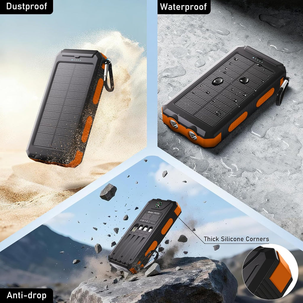 Solar Charger Power Bank 20,000Mah, Portable Charger, 4 Cables 3 Ports Fast Charging External Battery Pack with USB C for Cell Phones, Solar Panel Charger with Dual Flashlight for Camping