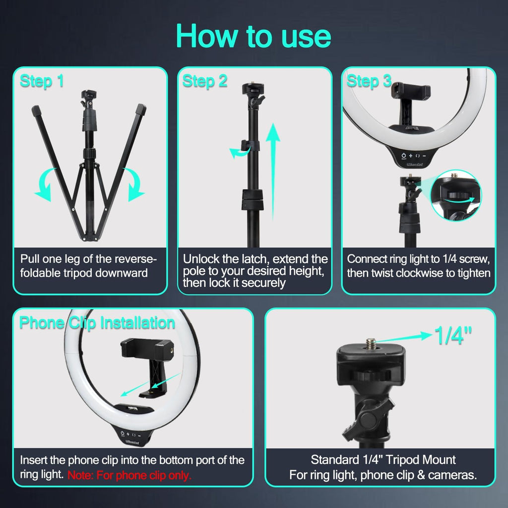 14'' LED Foldable Ring Light with 62'' Tripod Stand, Selfie Ring Light for Video Recording, Live Streaming, Tiktok & Youtube, Compatible with Iphone & Android (Black)