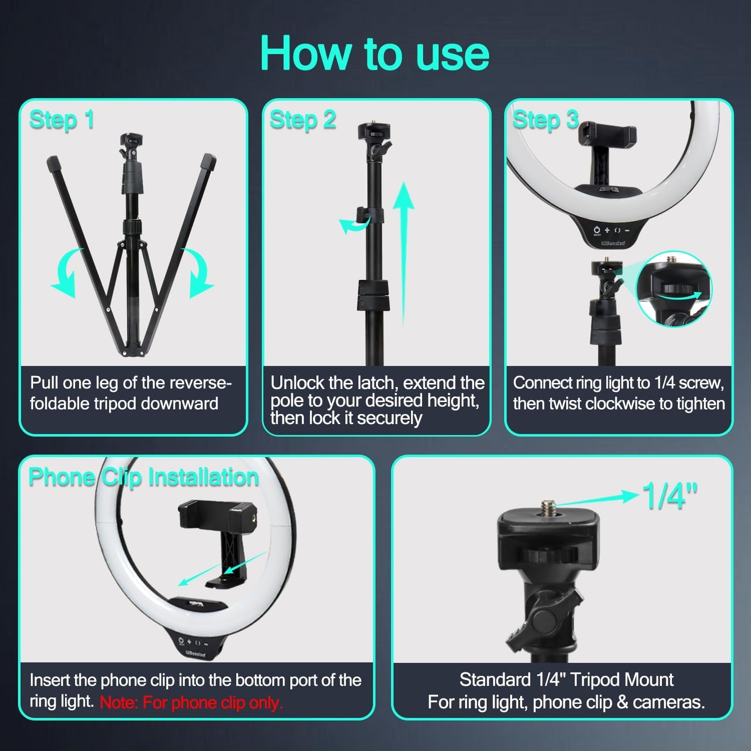 14'' LED Foldable Ring Light with 62'' Tripod Stand, Selfie Ring Light for Video Recording, Live Streaming, Tiktok & Youtube, Compatible with Iphone & Android (Black)