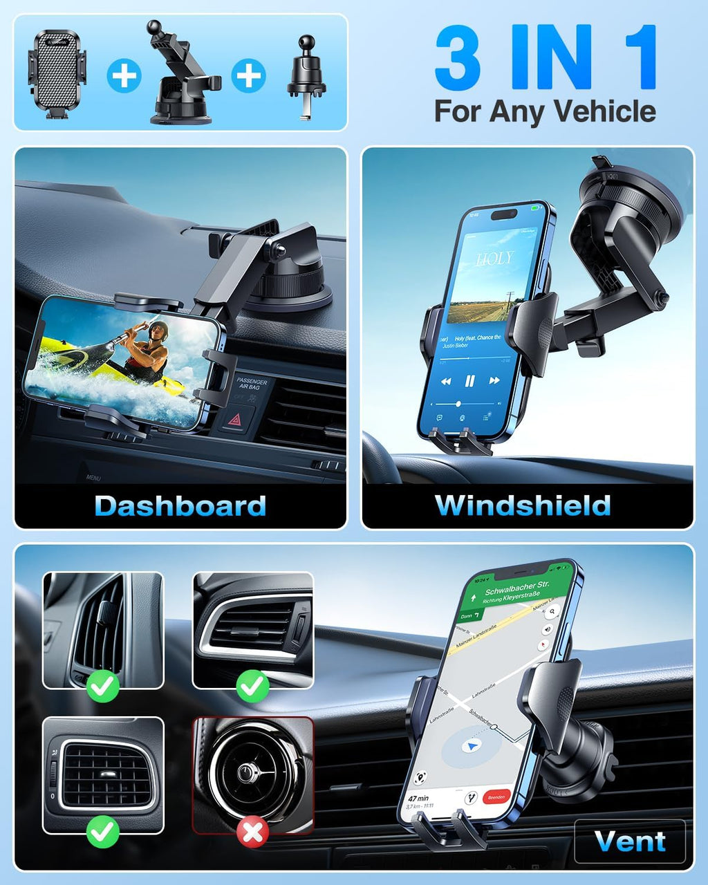 [True Military-Grade] Car Phone Holder  [Upgraded Strongest Suction&Clip] Cell Phone Mount for Dashboard Windshield Vent Kit, Truck Cradle Stand for Iphone 17 Pro Max 16 15 14 Android,Ink Black