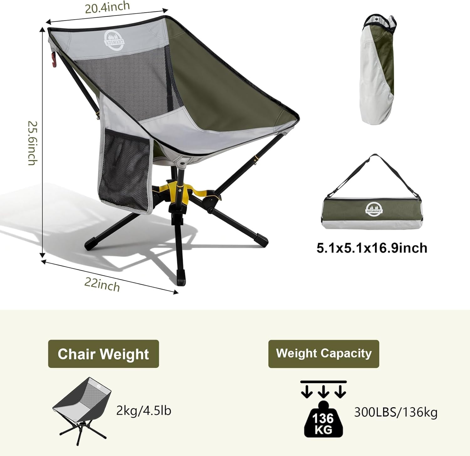 Portable Camping Chair Lightweight Folding Chair for Camping - Outdoor Chair Supports 300 Lbs - Camp Chair Outdoor Adventures