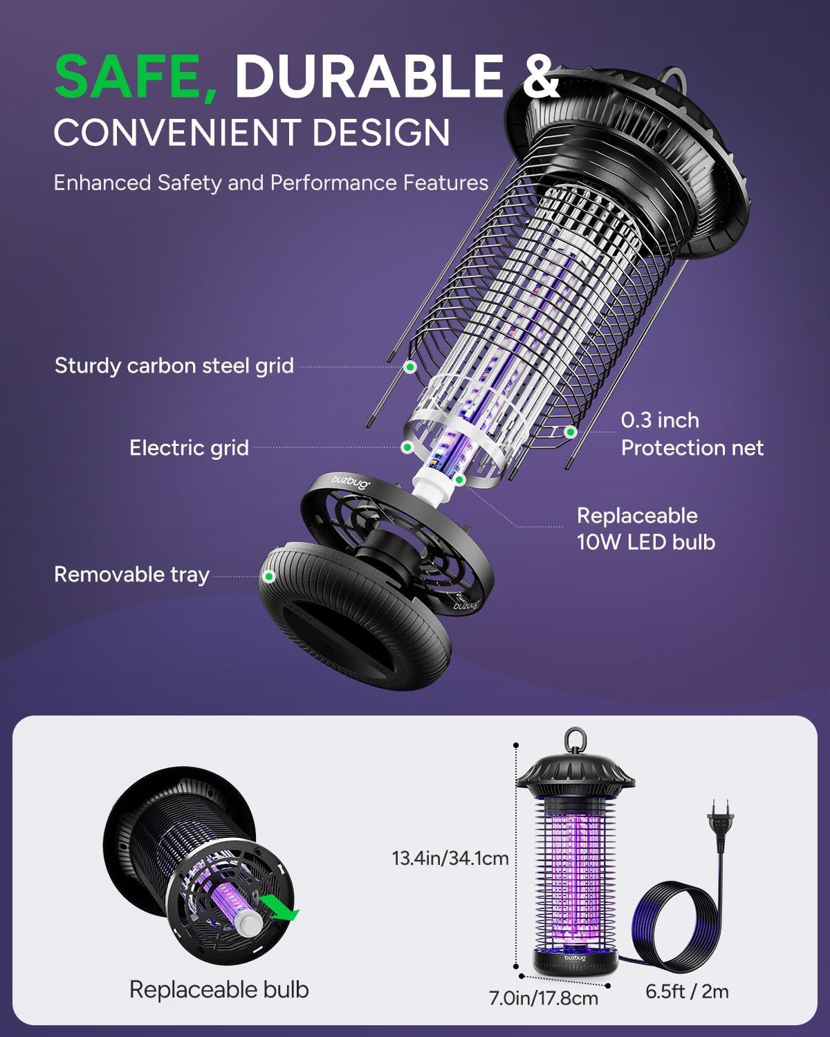 LED Bug Zapper Indoor Outdoor, up to 50000 Hrs Lifespan Lamp, Energy Saving & Dual Band Attraction, 5.6 Ft Power Cord, High Voltage Mosquito Fly Zapper Trap Killer -MO008C