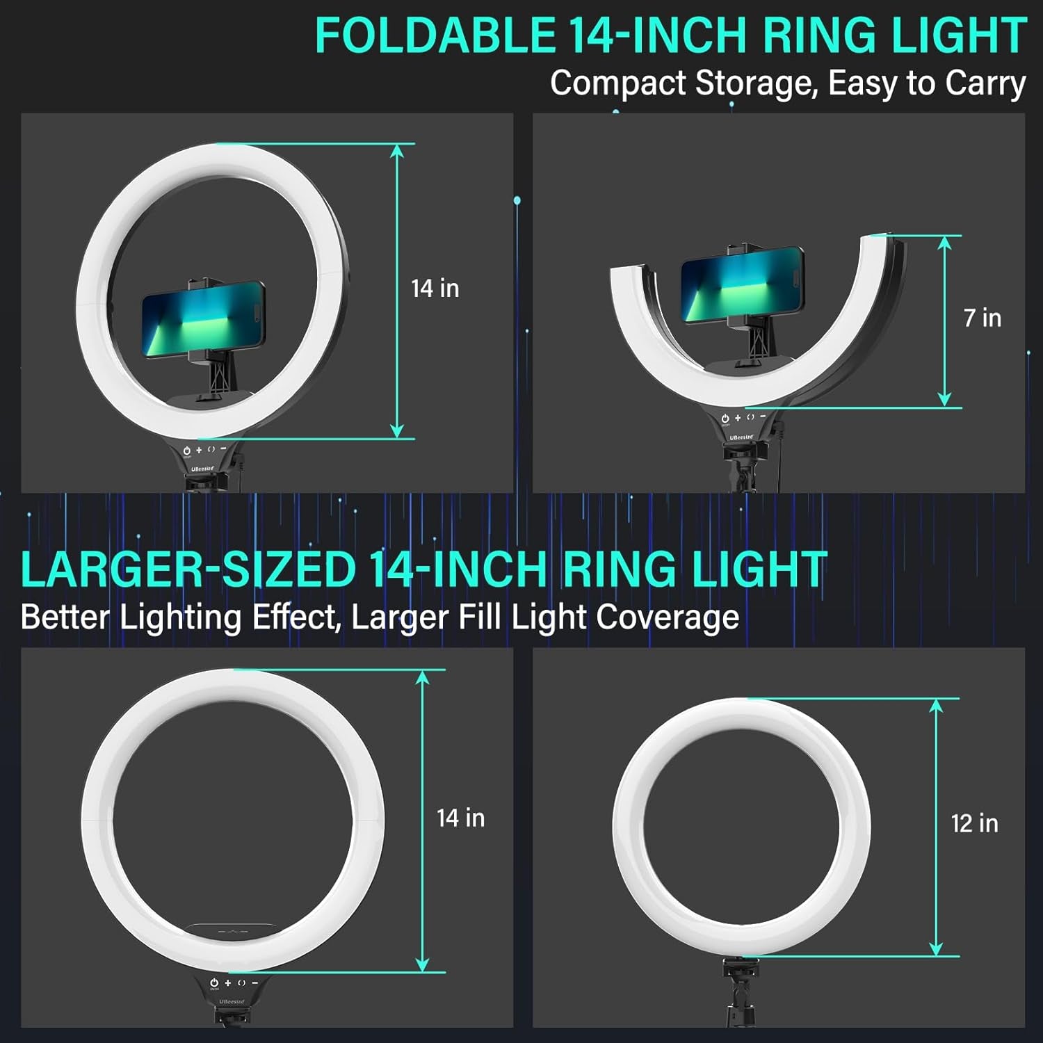 14'' LED Foldable Ring Light with 62'' Tripod Stand, Selfie Ring Light for Video Recording, Live Streaming, Tiktok & Youtube, Compatible with Iphone & Android (Black)