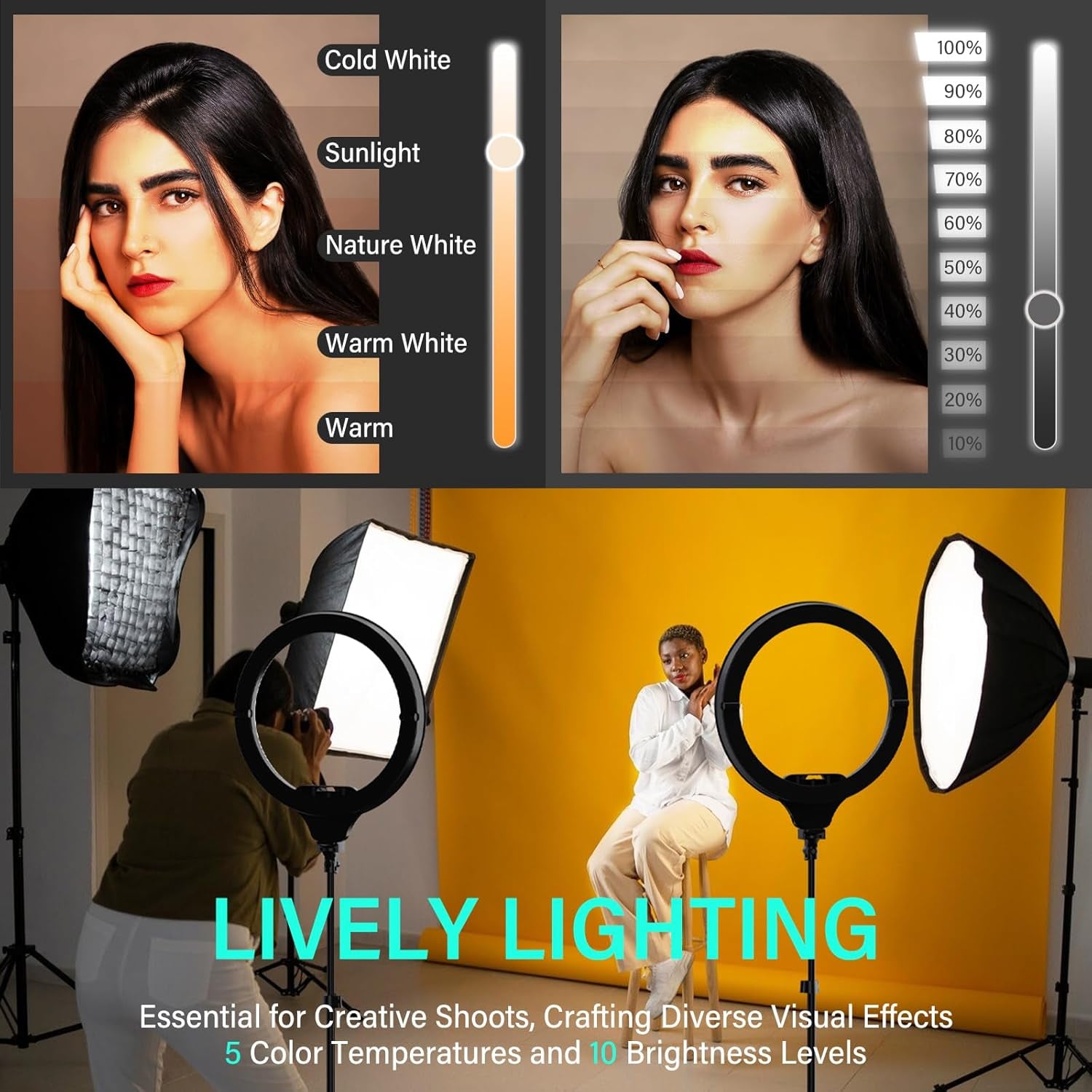 14'' LED Foldable Ring Light with 62'' Tripod Stand, Selfie Ring Light for Video Recording, Live Streaming, Tiktok & Youtube, Compatible with Iphone & Android (Black)